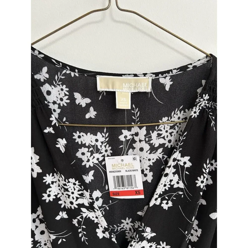 NWT Michael Michael Kors Womens Black Floral Fit & Flared Tiered Dress‎ Size XS